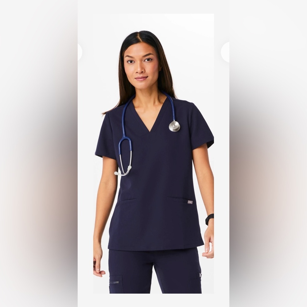 FIGS Women's Size XSmall Dark Blue Short Sleeve V Neck 2 Pocket Scrub Top
